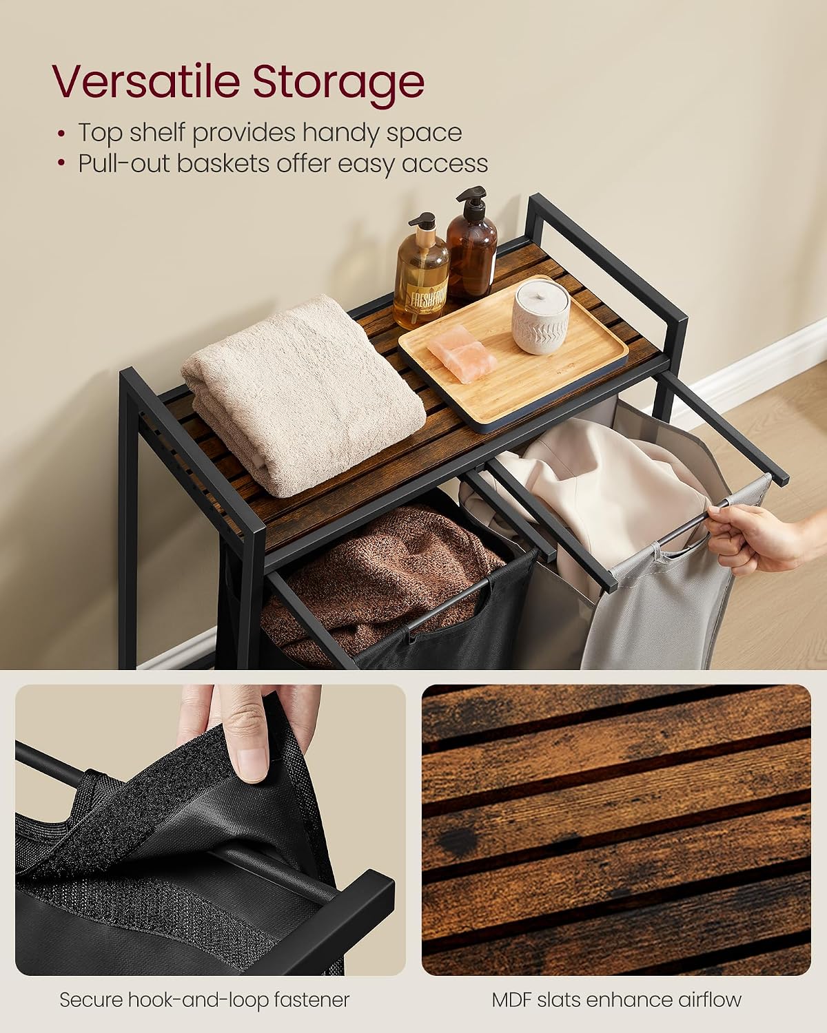 VASAGLE Laundry Hamper with Shelf, 1 Pull-Out Bag, 17.2 Gallons (65L)