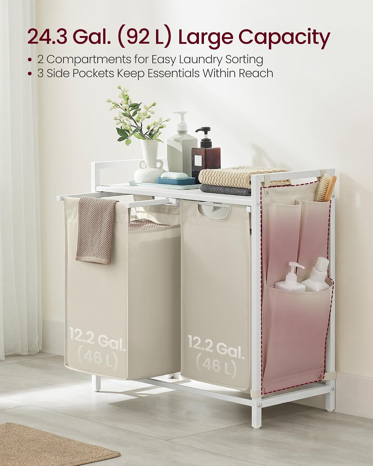 VASAGLE Laundry Hamper with Shelf, 1 Pull-Out Bag, 17.2 Gallons (65L)