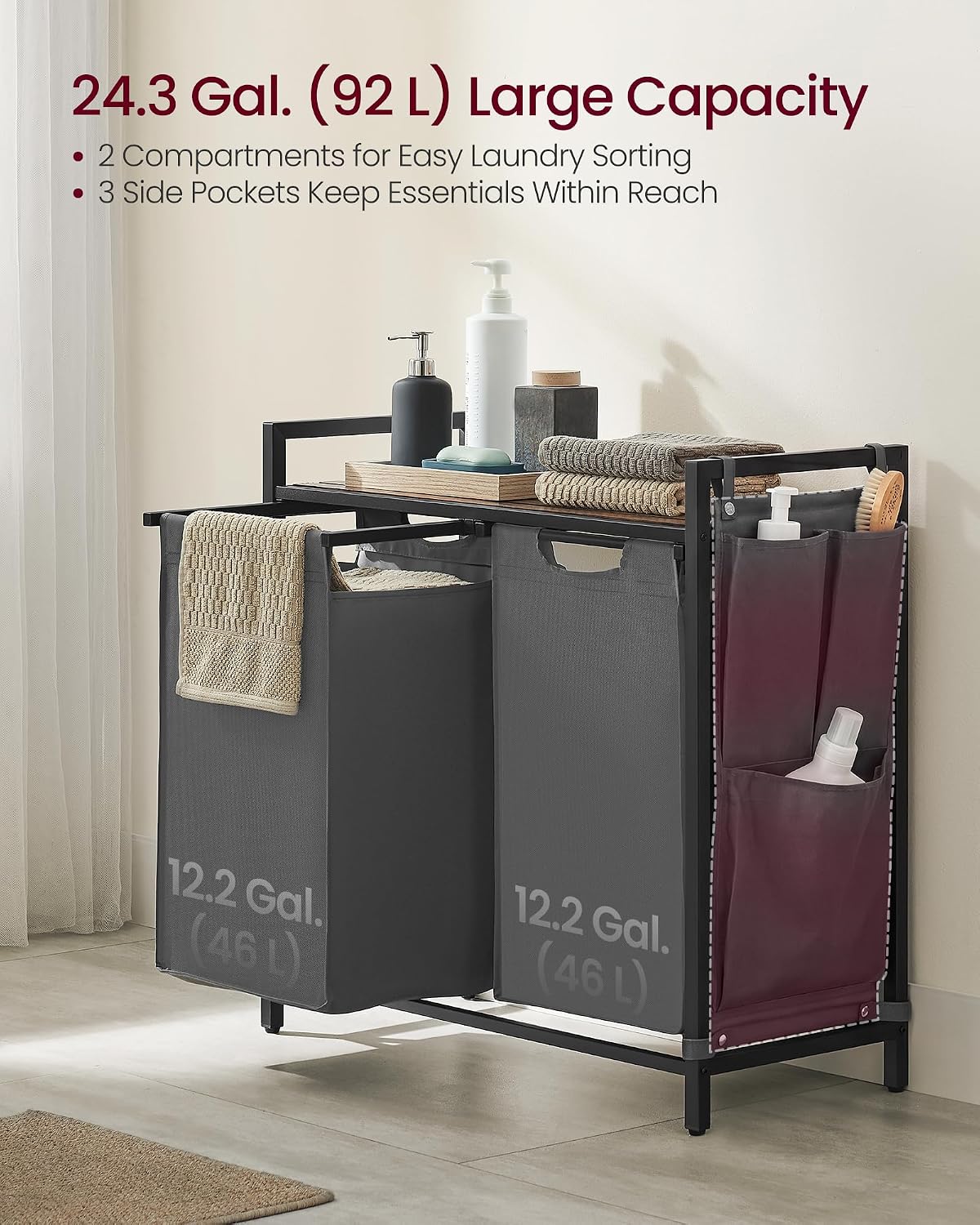 VASAGLE Laundry Hamper with Shelf, 1 Pull-Out Bag, 17.2 Gallons (65L)