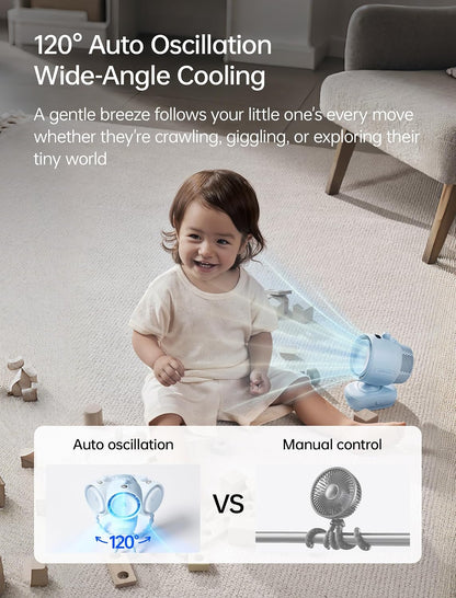 JISULIFE Chic Clip Stroller Fan 2026–120°Auto Oscillation & 2 Wind Mode