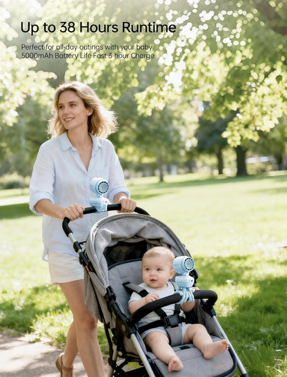 JISULIFE Chic Clip Stroller Fan 2026–120°Auto Oscillation & 2 Wind Mode