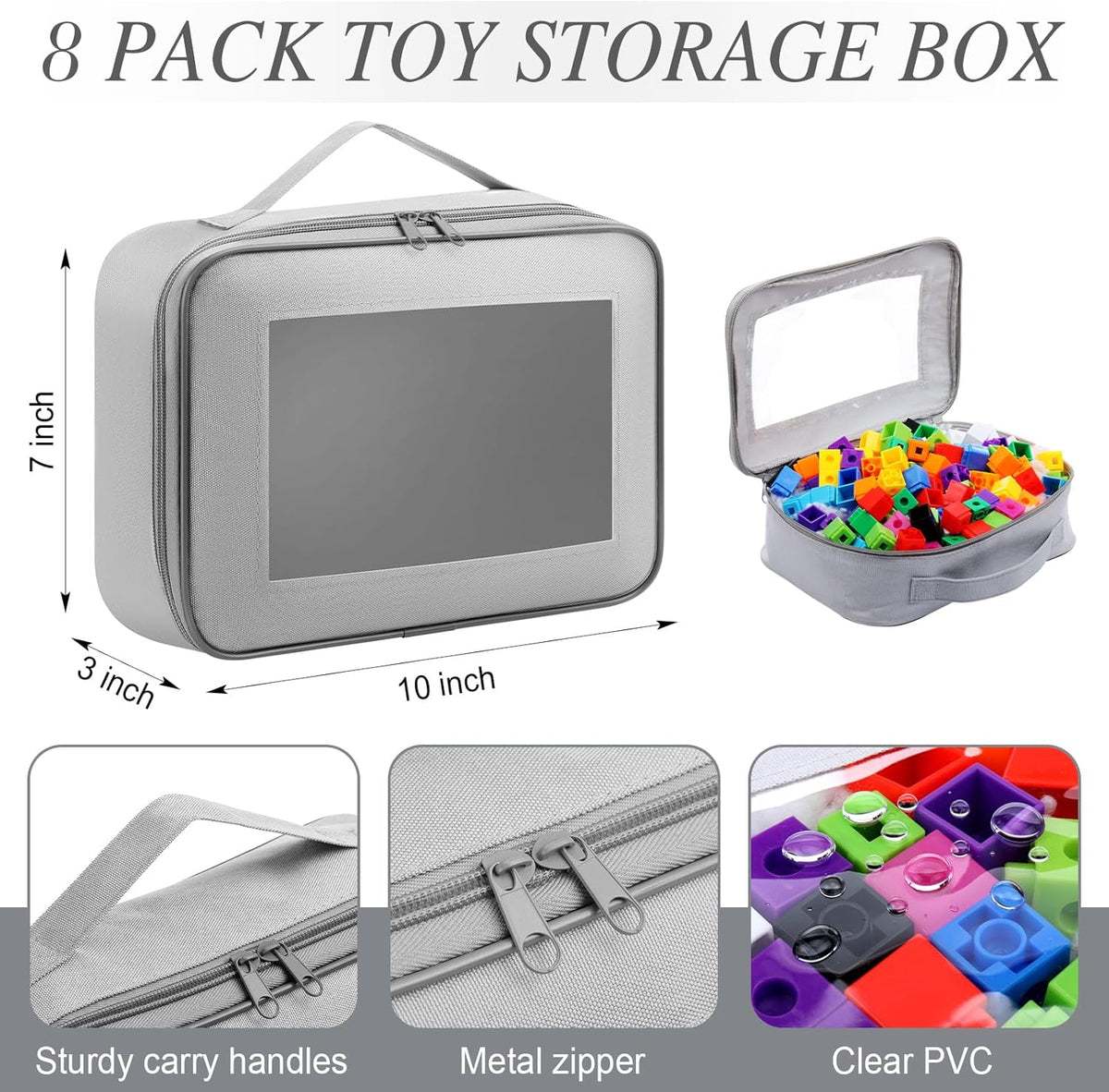 8 Pack Toy Storage Organization Bags with Clear PVC Window, Gray
