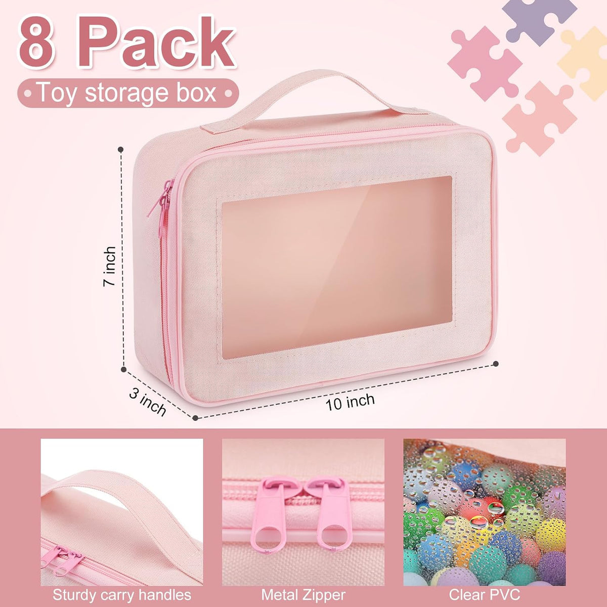 8 Pack Toy Storage Organization Bags with Clear PVC Window, Gray