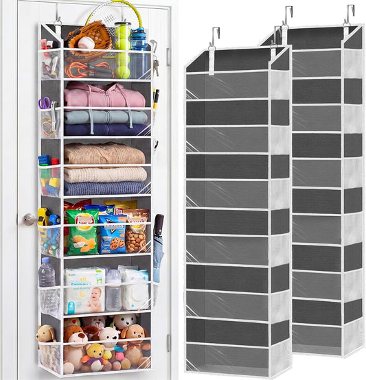 Over the Door Organizer, 5-Tier Extra Large Storage with 10 Pockets and PVC Label Pouches, 80 lbs Capacity Hanging Closet Organizer, Beige