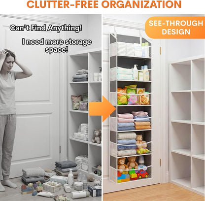 Over the Door Organizer, 5-Tier Extra Large Storage with 10 Pockets and PVC Label Pouches, 80 lbs Capacity Hanging Closet Organizer, Beige