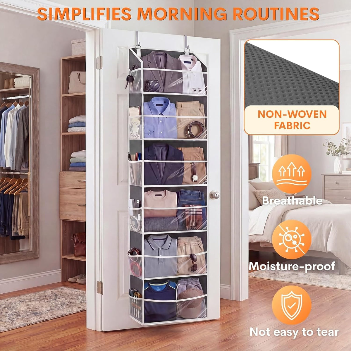 Over the Door Organizer, 5-Tier Extra Large Storage with 10 Pockets and PVC Label Pouches, 80 lbs Capacity Hanging Closet Organizer, Beige
