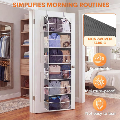 Over the Door Organizer, 5-Tier Extra Large Storage with 10 Pockets and PVC Label Pouches, 80 lbs Capacity Hanging Closet Organizer, Beige