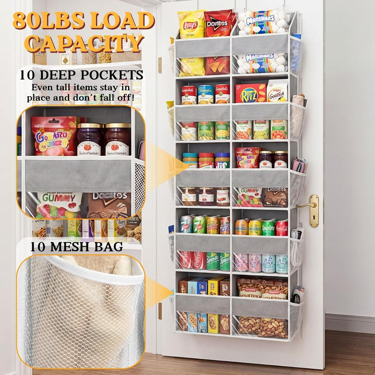 Over the Door Organizer, 5-Tier Extra Large Storage with 10 Pockets and PVC Label Pouches, 80 lbs Capacity Hanging Closet Organizer, Beige