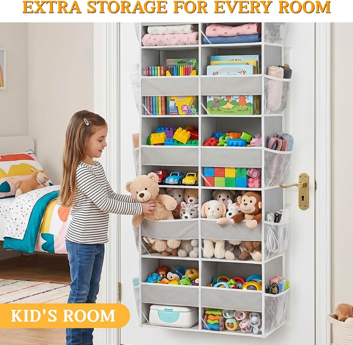 Over the Door Organizer, 5-Tier Extra Large Storage with 10 Pockets and PVC Label Pouches, 80 lbs Capacity Hanging Closet Organizer, Beige