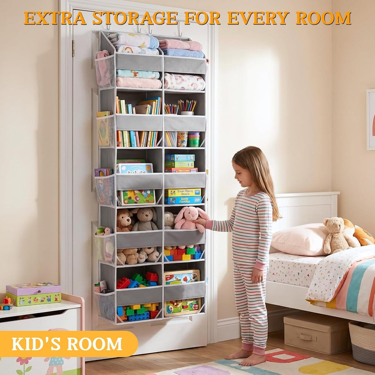 Over the Door Organizer, 5-Tier Extra Large Storage with 10 Pockets and PVC Label Pouches, 80 lbs Capacity Hanging Closet Organizer, Beige