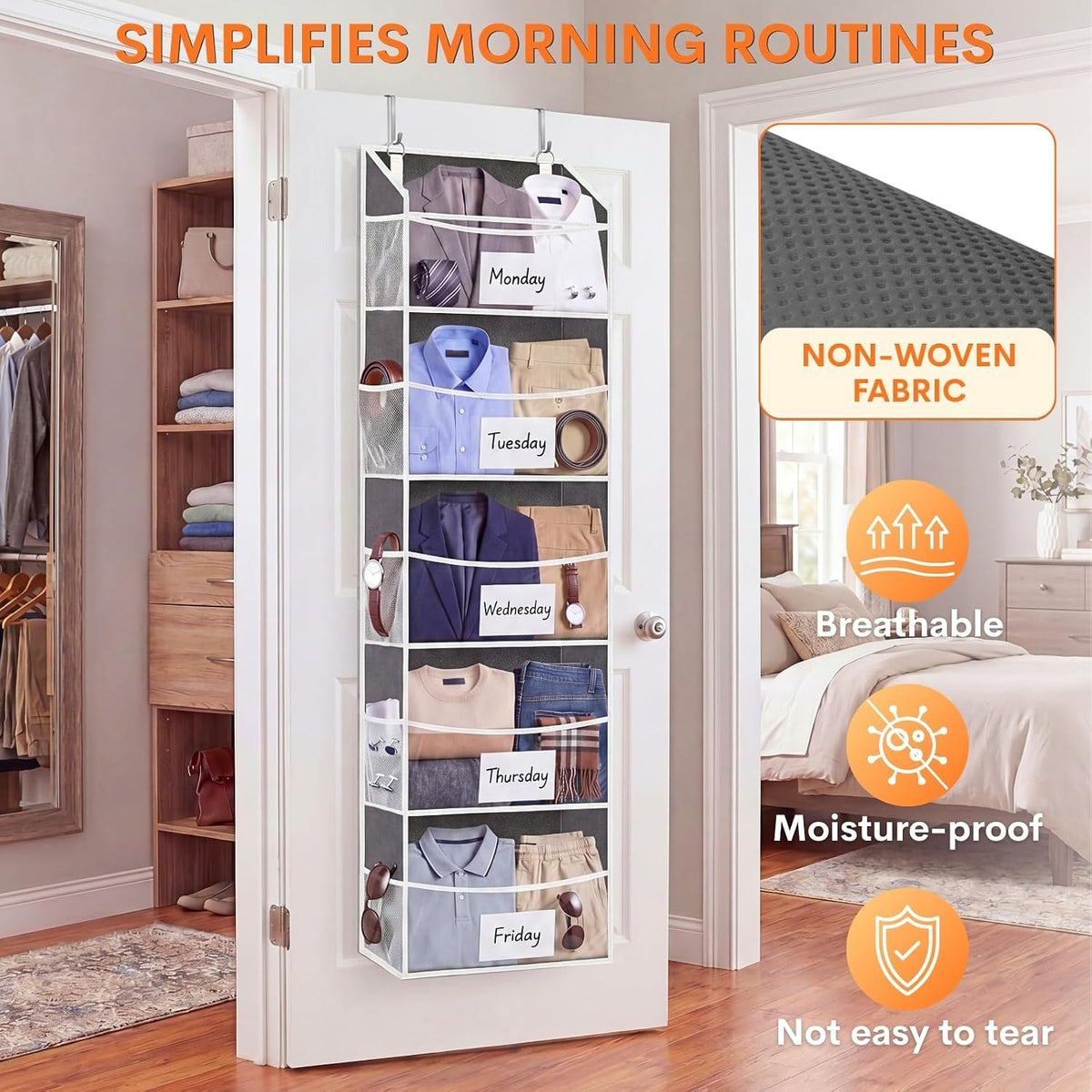 Over the Door Organizer, 5-Tier Extra Large Storage with 10 Pockets and PVC Label Pouches, 80 lbs Capacity Hanging Closet Organizer, Beige