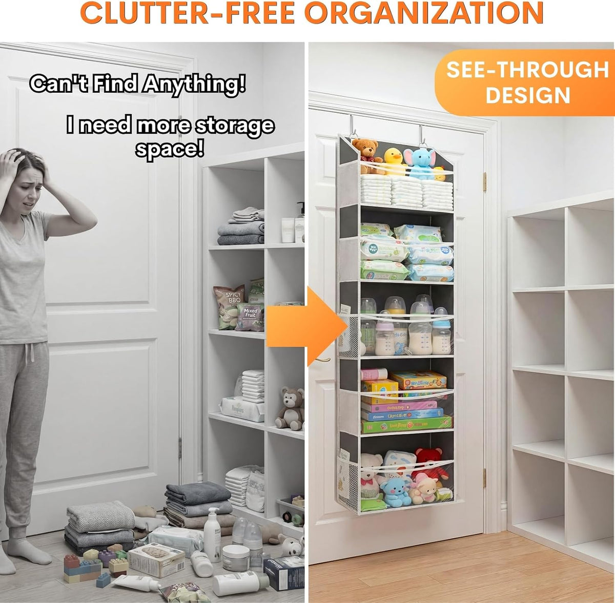 Over the Door Organizer, 5-Tier Extra Large Storage with 10 Pockets and PVC Label Pouches, 80 lbs Capacity Hanging Closet Organizer, Beige