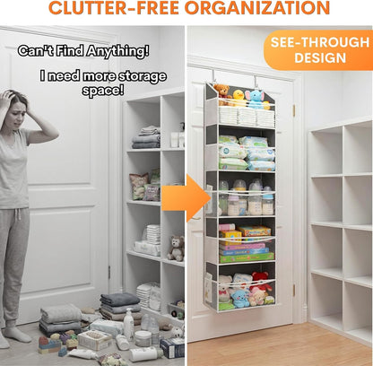 Over the Door Organizer, 5-Tier Extra Large Storage with 10 Pockets and PVC Label Pouches, 80 lbs Capacity Hanging Closet Organizer, Beige