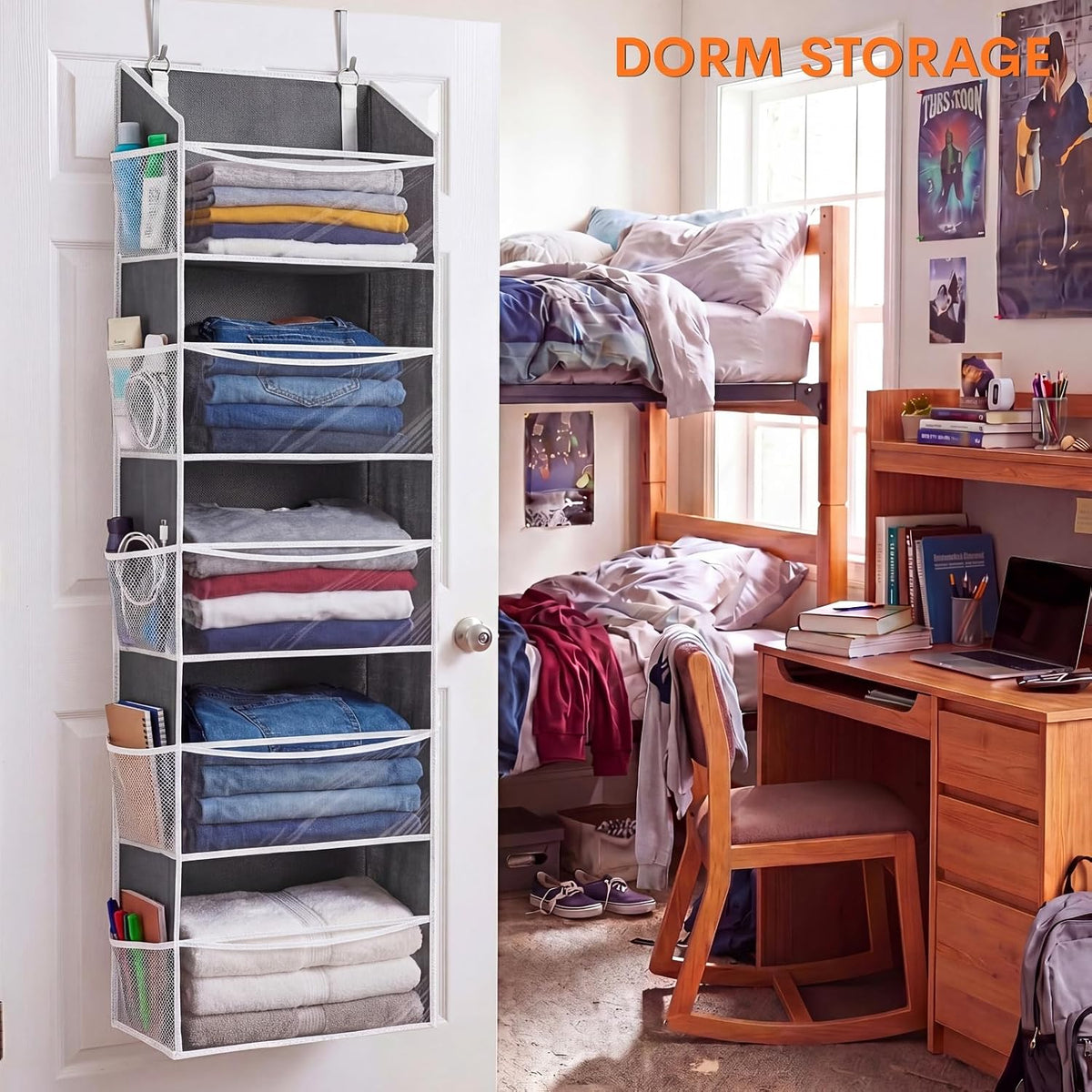 Over the Door Organizer, 5-Tier Extra Large Storage with 10 Pockets and PVC Label Pouches, 80 lbs Capacity Hanging Closet Organizer, Beige