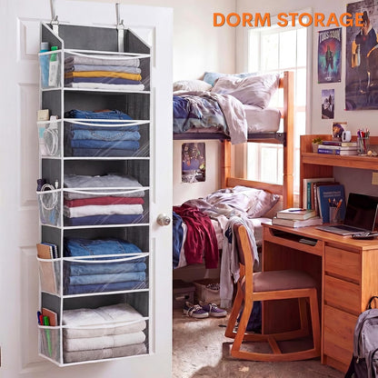 Over the Door Organizer, 5-Tier Extra Large Storage with 10 Pockets and PVC Label Pouches, 80 lbs Capacity Hanging Closet Organizer, Beige