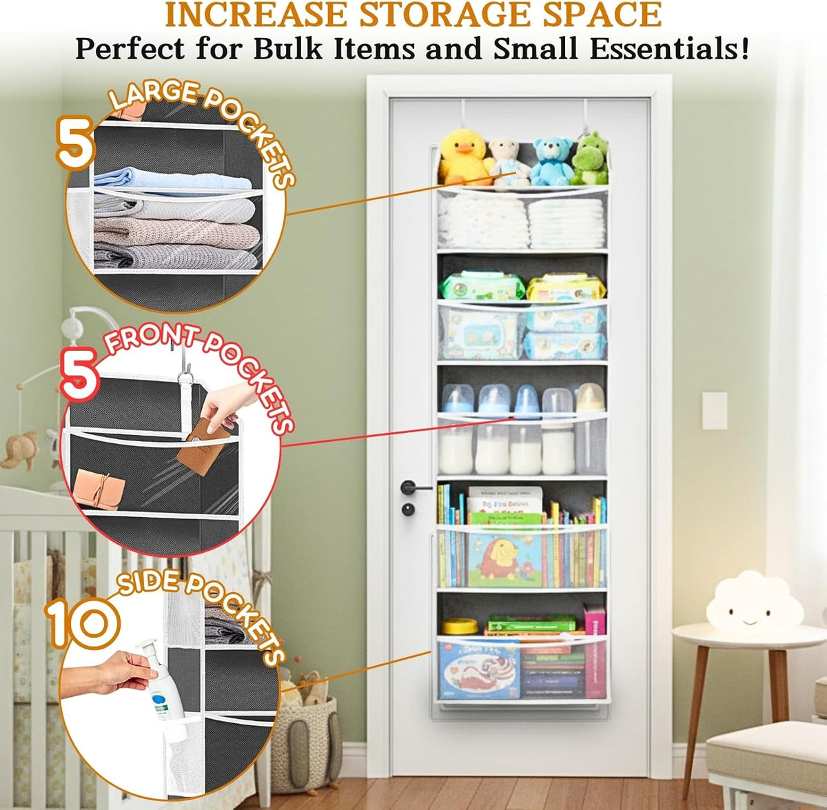 Over the Door Organizer, 5-Tier Extra Large Storage with 10 Pockets and PVC Label Pouches, 80 lbs Capacity Hanging Closet Organizer, Beige