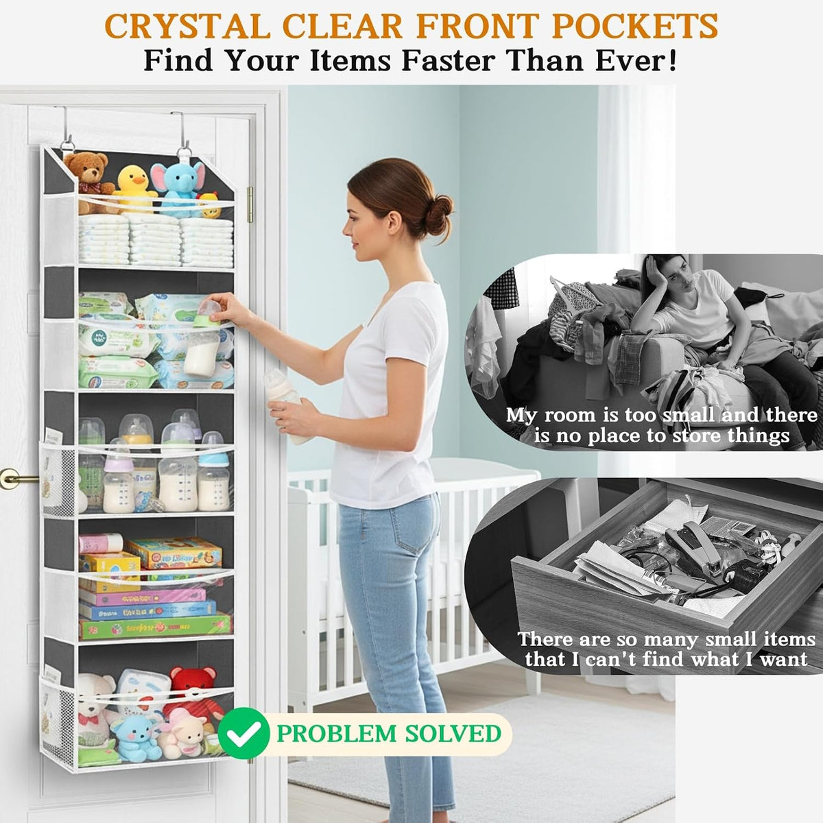 Over the Door Organizer, 5-Tier Extra Large Storage with 10 Pockets and PVC Label Pouches, 80 lbs Capacity Hanging Closet Organizer, Beige
