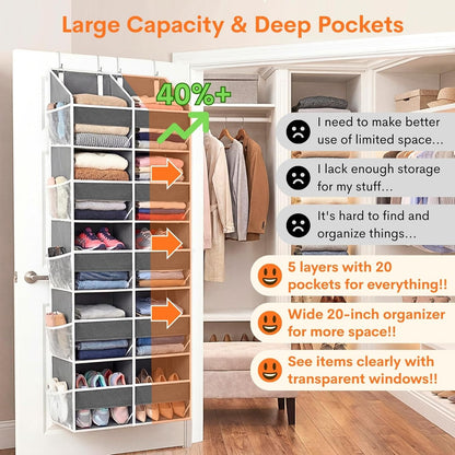 Over the Door Organizer, 5-Tier Extra Large Storage with 10 Pockets and PVC Label Pouches, 80 lbs Capacity Hanging Closet Organizer, Beige