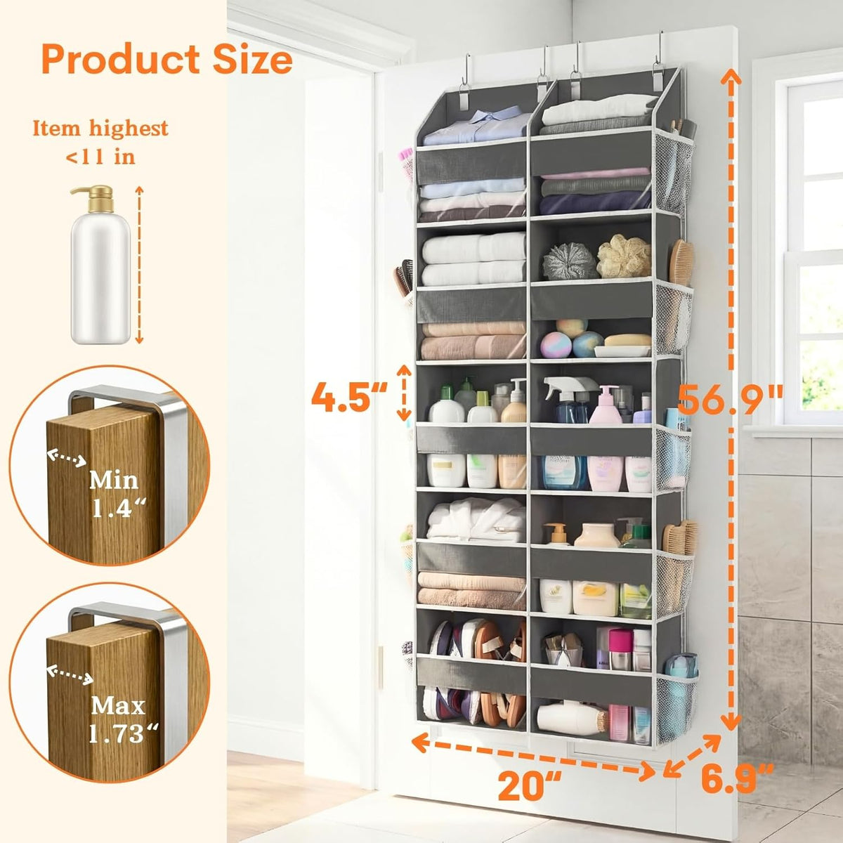 Over the Door Organizer, 5-Tier Extra Large Storage with 10 Pockets and PVC Label Pouches, 80 lbs Capacity Hanging Closet Organizer, Beige