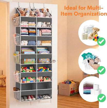 Over the Door Organizer, 5-Tier Extra Large Storage with 10 Pockets and PVC Label Pouches, 80 lbs Capacity Hanging Closet Organizer, Beige