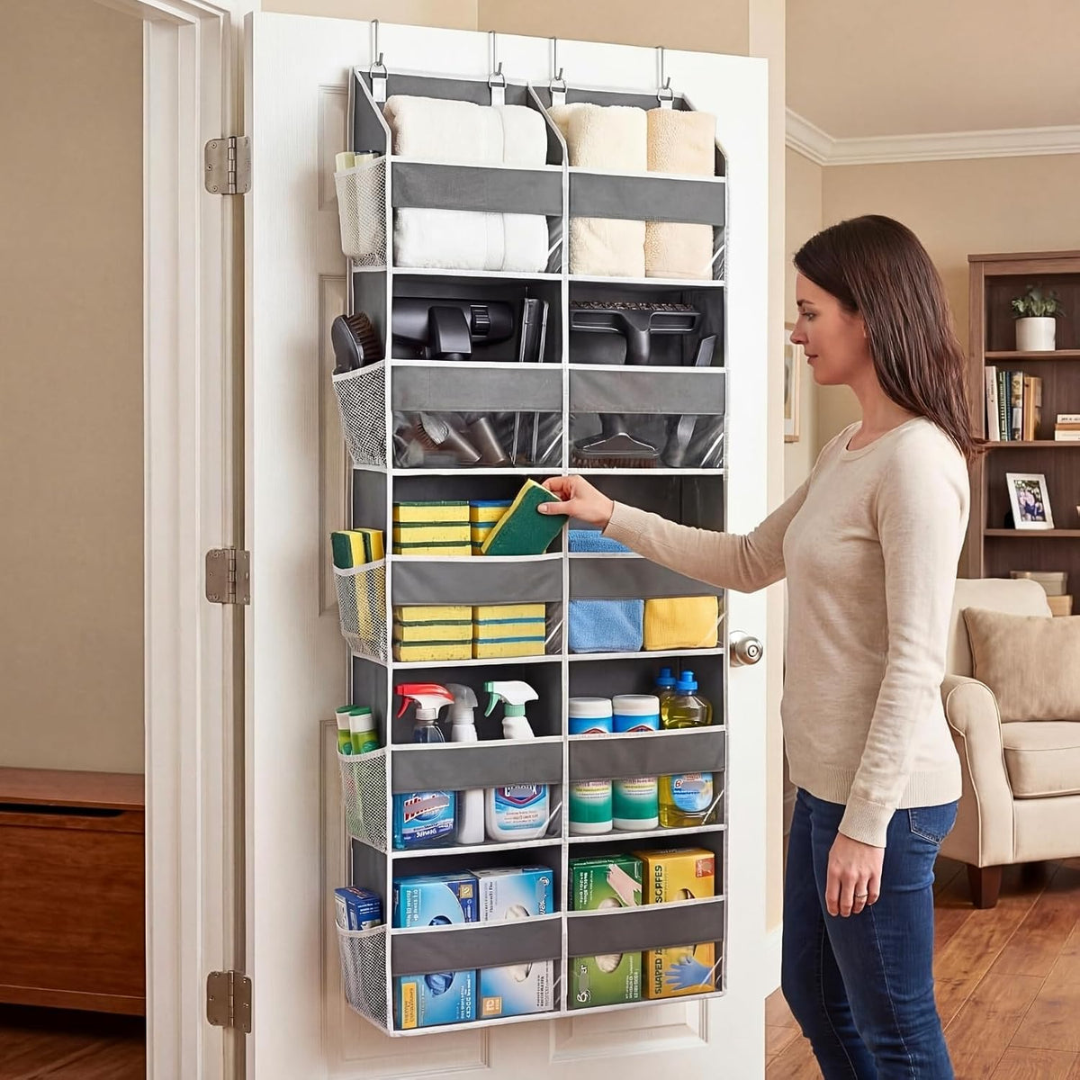 Over the Door Organizer, 5-Tier Extra Large Storage with 10 Pockets and PVC Label Pouches, 80 lbs Capacity Hanging Closet Organizer, Beige