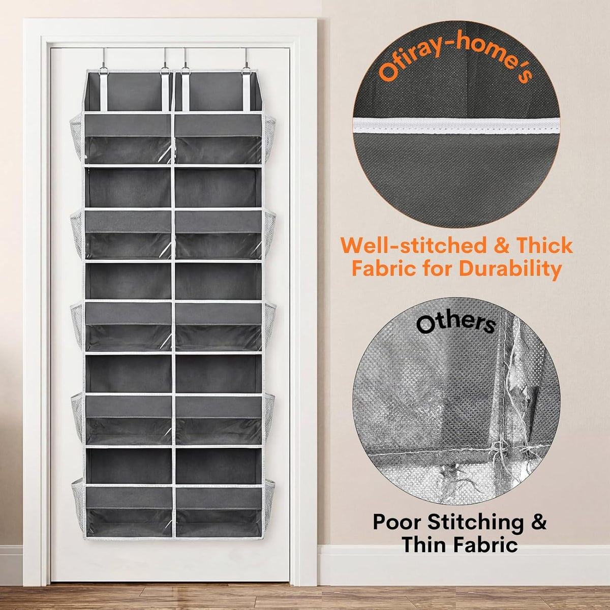 Over the Door Organizer, 5-Tier Extra Large Storage with 10 Pockets and PVC Label Pouches, 80 lbs Capacity Hanging Closet Organizer, Beige