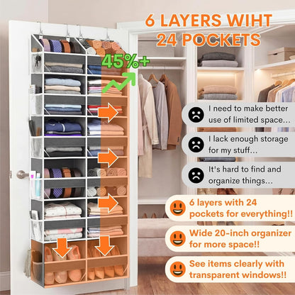 Over the Door Organizer, 5-Tier Extra Large Storage with 10 Pockets and PVC Label Pouches, 80 lbs Capacity Hanging Closet Organizer, Beige