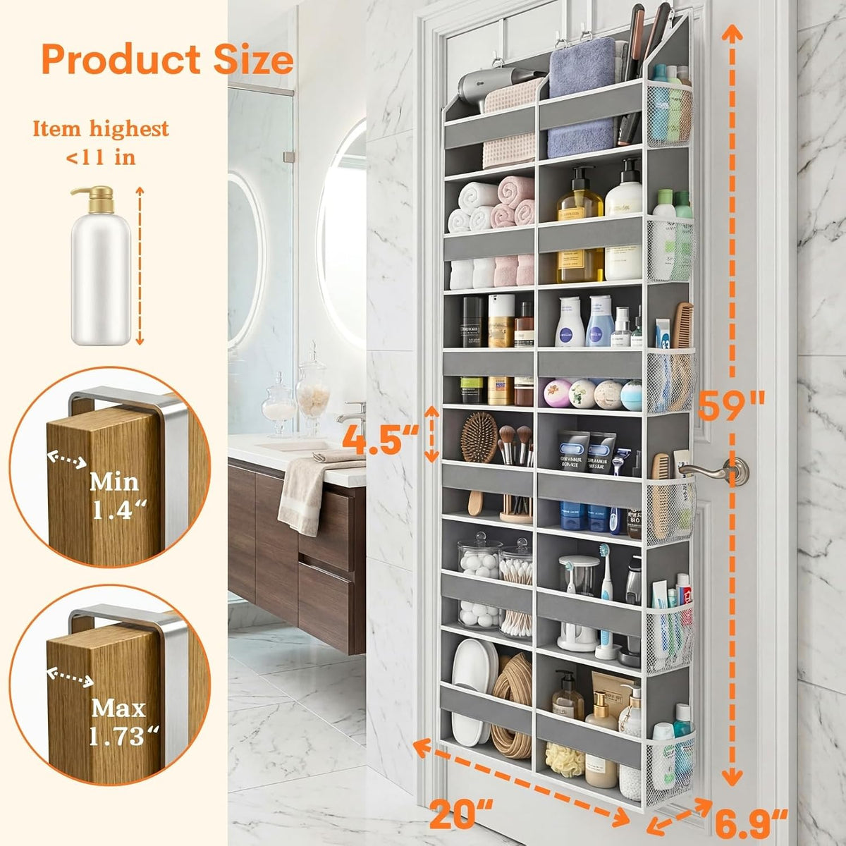 Over the Door Organizer, 5-Tier Extra Large Storage with 10 Pockets and PVC Label Pouches, 80 lbs Capacity Hanging Closet Organizer, Beige