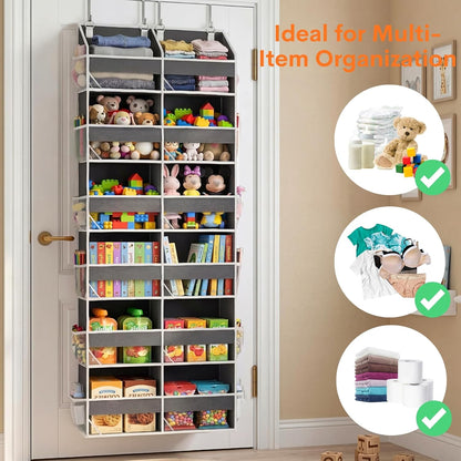 Over the Door Organizer, 5-Tier Extra Large Storage with 10 Pockets and PVC Label Pouches, 80 lbs Capacity Hanging Closet Organizer, Beige