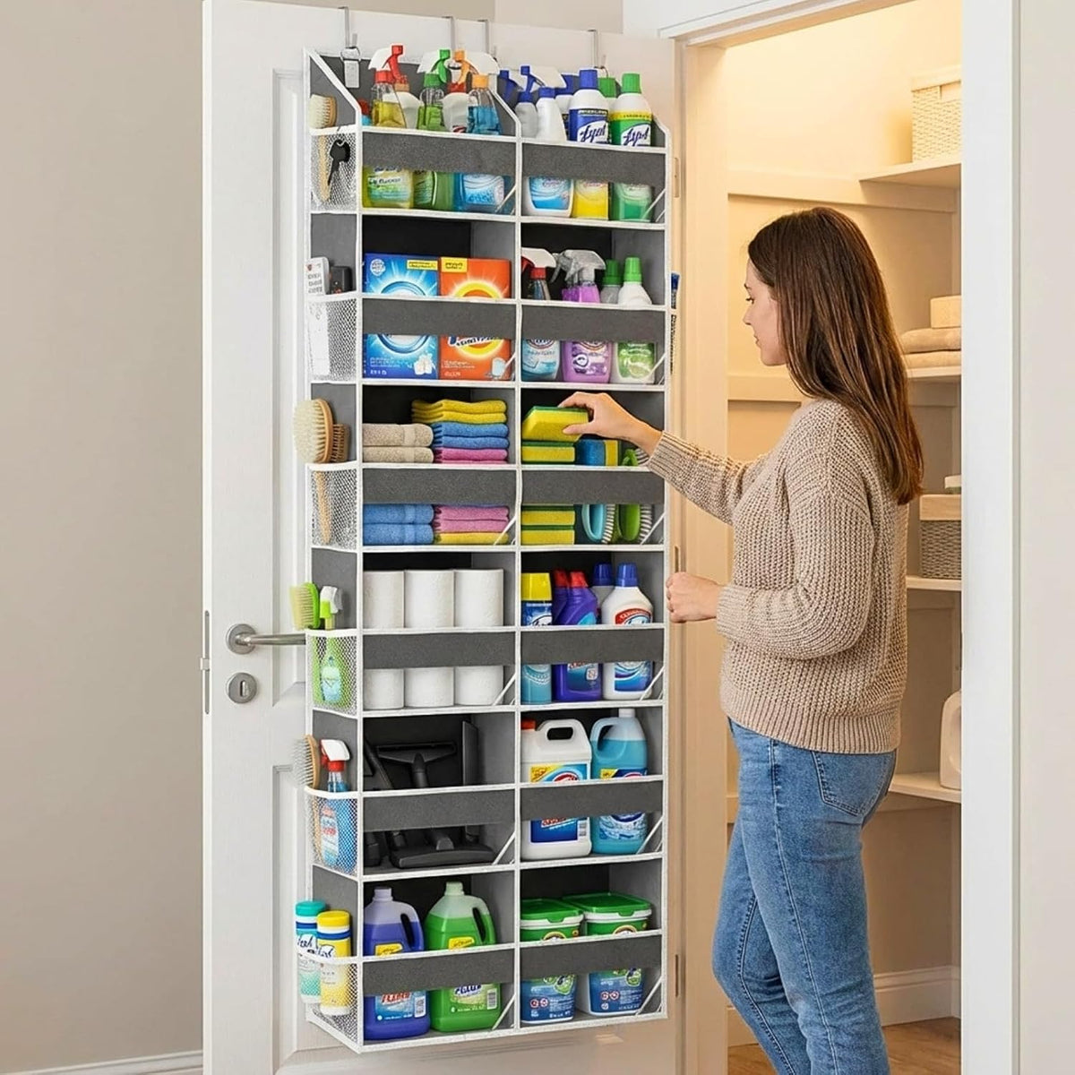 Over the Door Organizer, 5-Tier Extra Large Storage with 10 Pockets and PVC Label Pouches, 80 lbs Capacity Hanging Closet Organizer, Beige