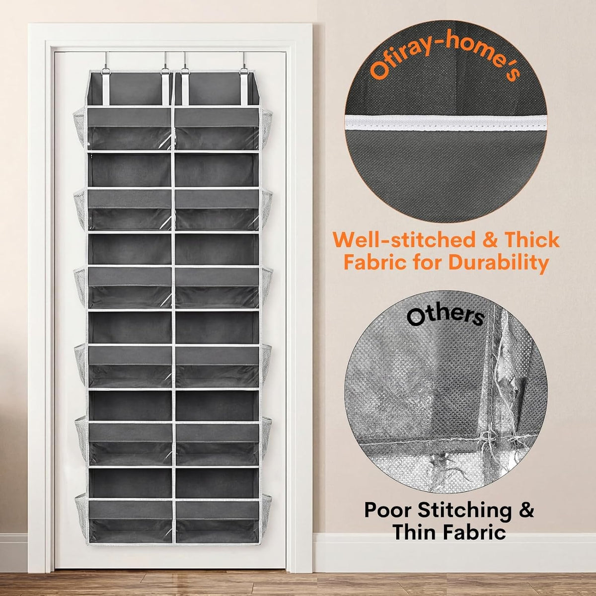 Over the Door Organizer, 5-Tier Extra Large Storage with 10 Pockets and PVC Label Pouches, 80 lbs Capacity Hanging Closet Organizer, Beige