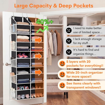 Over the Door Organizer, 5-Tier Extra Large Storage with 10 Pockets and PVC Label Pouches, 80 lbs Capacity Hanging Closet Organizer, Beige