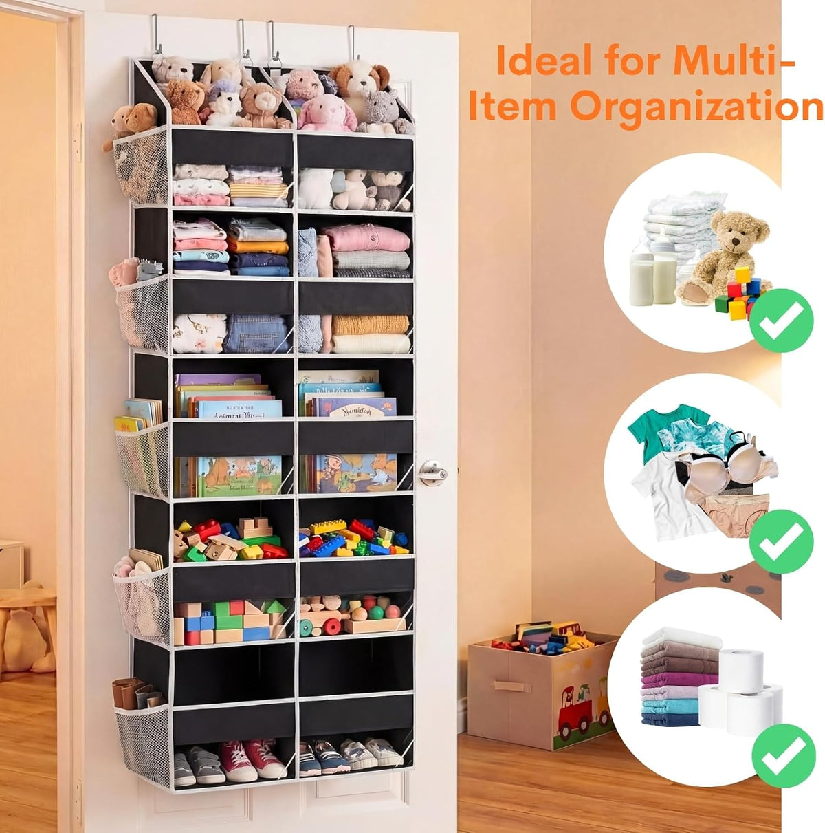 Over the Door Organizer, 5-Tier Extra Large Storage with 10 Pockets and PVC Label Pouches, 80 lbs Capacity Hanging Closet Organizer, Beige
