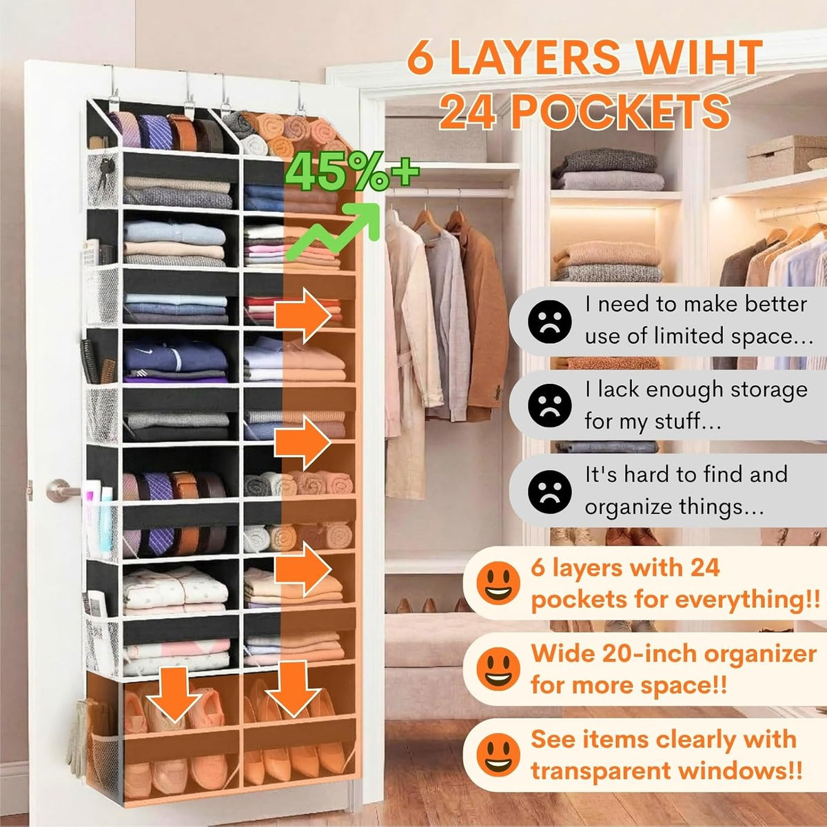 Over the Door Organizer, 5-Tier Extra Large Storage with 10 Pockets and PVC Label Pouches, 80 lbs Capacity Hanging Closet Organizer, Beige