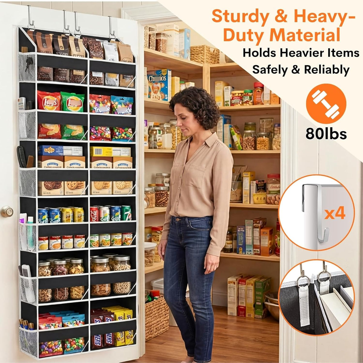 Over the Door Organizer, 5-Tier Extra Large Storage with 10 Pockets and PVC Label Pouches, 80 lbs Capacity Hanging Closet Organizer, Beige