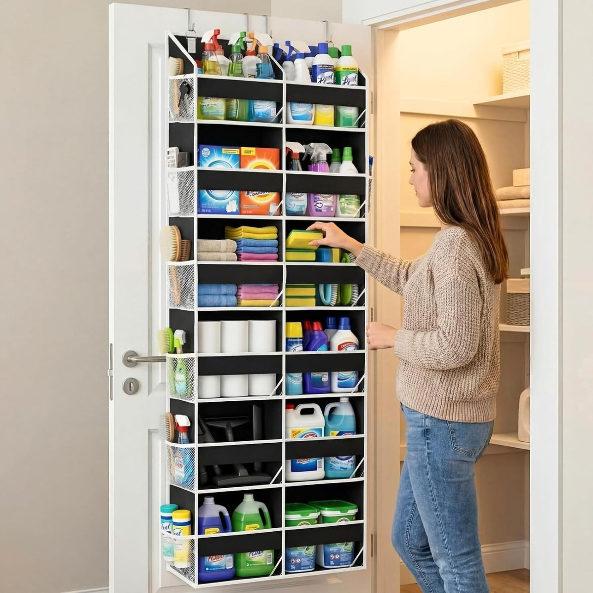 Over the Door Organizer, 5-Tier Extra Large Storage with 10 Pockets and PVC Label Pouches, 80 lbs Capacity Hanging Closet Organizer, Beige