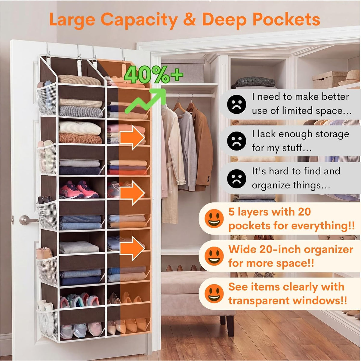 Over the Door Organizer, 5-Tier Extra Large Storage with 10 Pockets and PVC Label Pouches, 80 lbs Capacity Hanging Closet Organizer, Beige