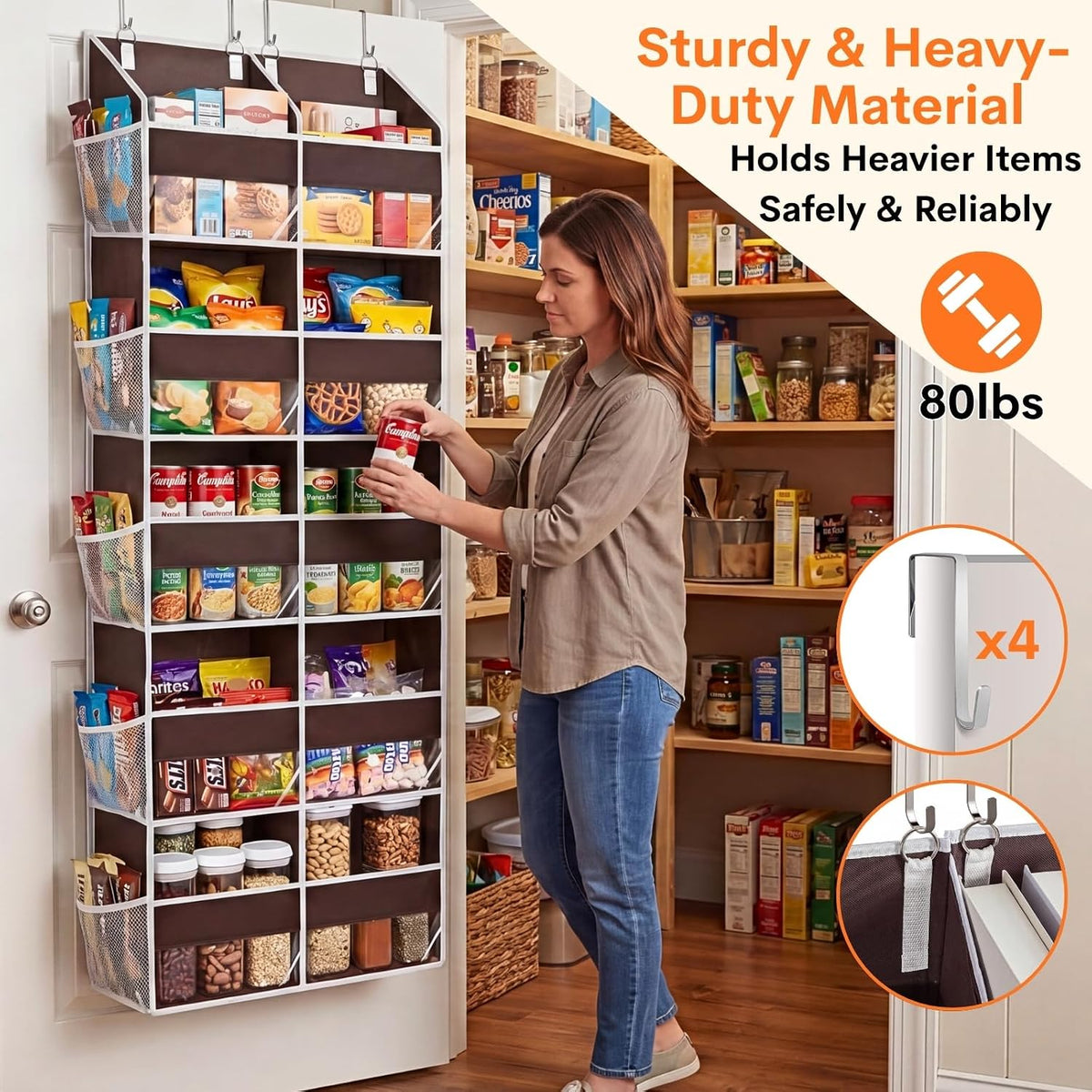 Over the Door Organizer, 5-Tier Extra Large Storage with 10 Pockets and PVC Label Pouches, 80 lbs Capacity Hanging Closet Organizer, Beige