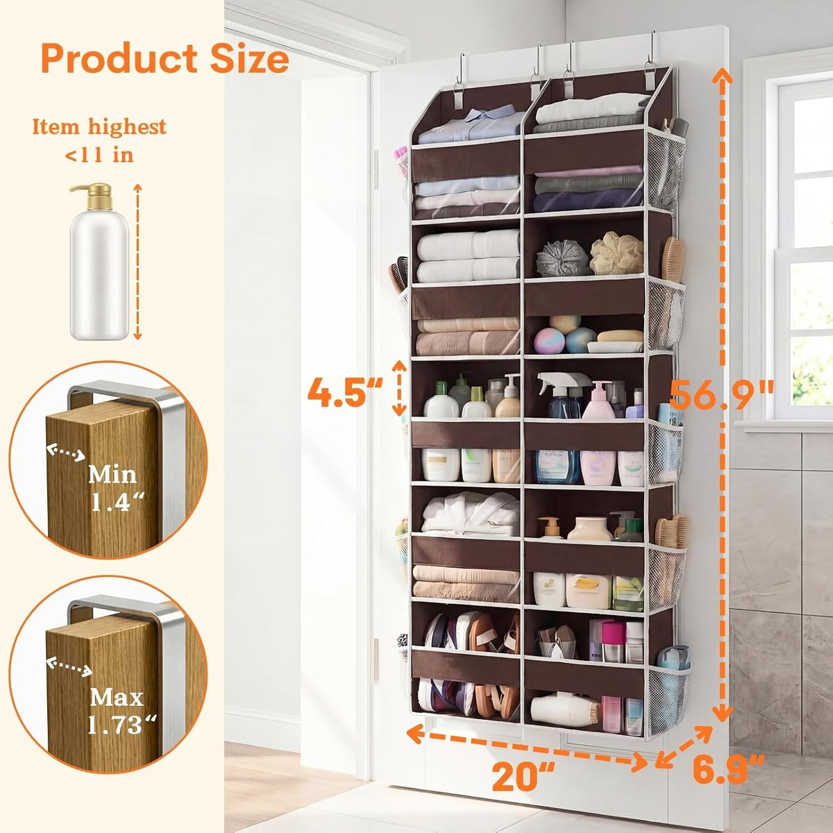 Over the Door Organizer, 5-Tier Extra Large Storage with 10 Pockets and PVC Label Pouches, 80 lbs Capacity Hanging Closet Organizer, Beige