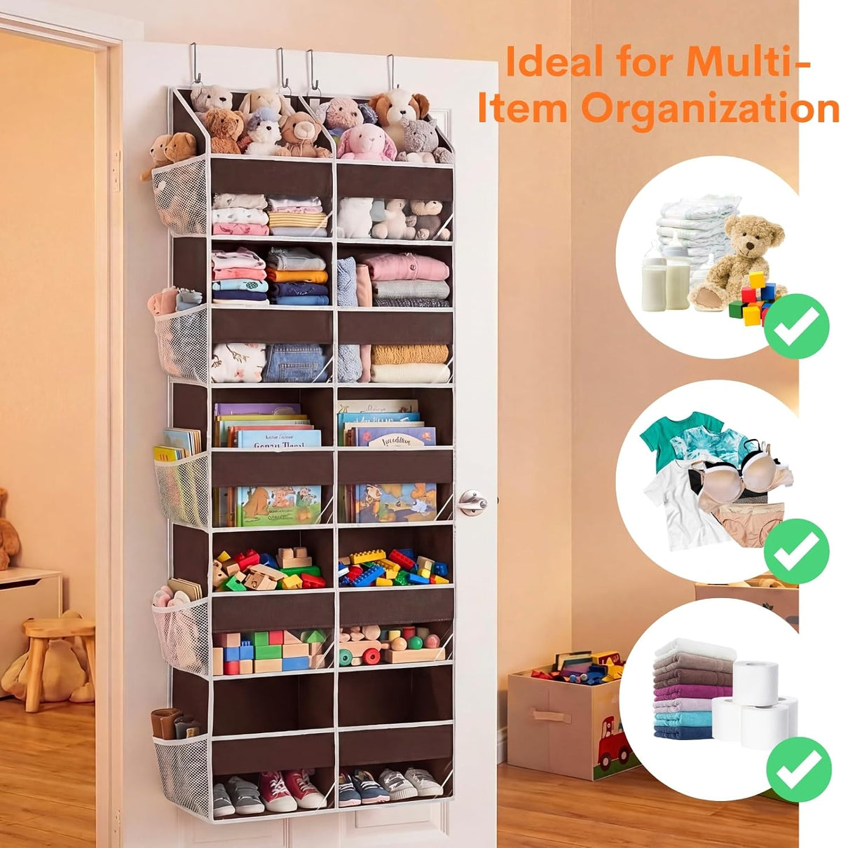 Over the Door Organizer, 5-Tier Extra Large Storage with 10 Pockets and PVC Label Pouches, 80 lbs Capacity Hanging Closet Organizer, Beige
