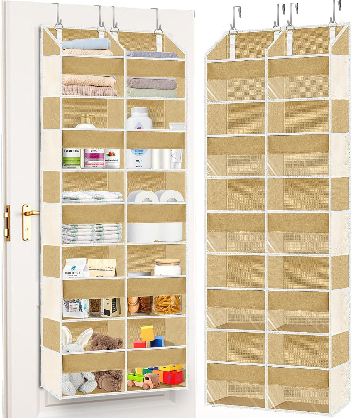 Over the Door Organizer, 5-Tier Extra Large Storage with 10 Pockets and PVC Label Pouches, 80 lbs Capacity Hanging Closet Organizer, Beige