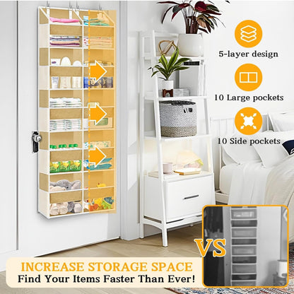 Over the Door Organizer, 5-Tier Extra Large Storage with 10 Pockets and PVC Label Pouches, 80 lbs Capacity Hanging Closet Organizer, Beige