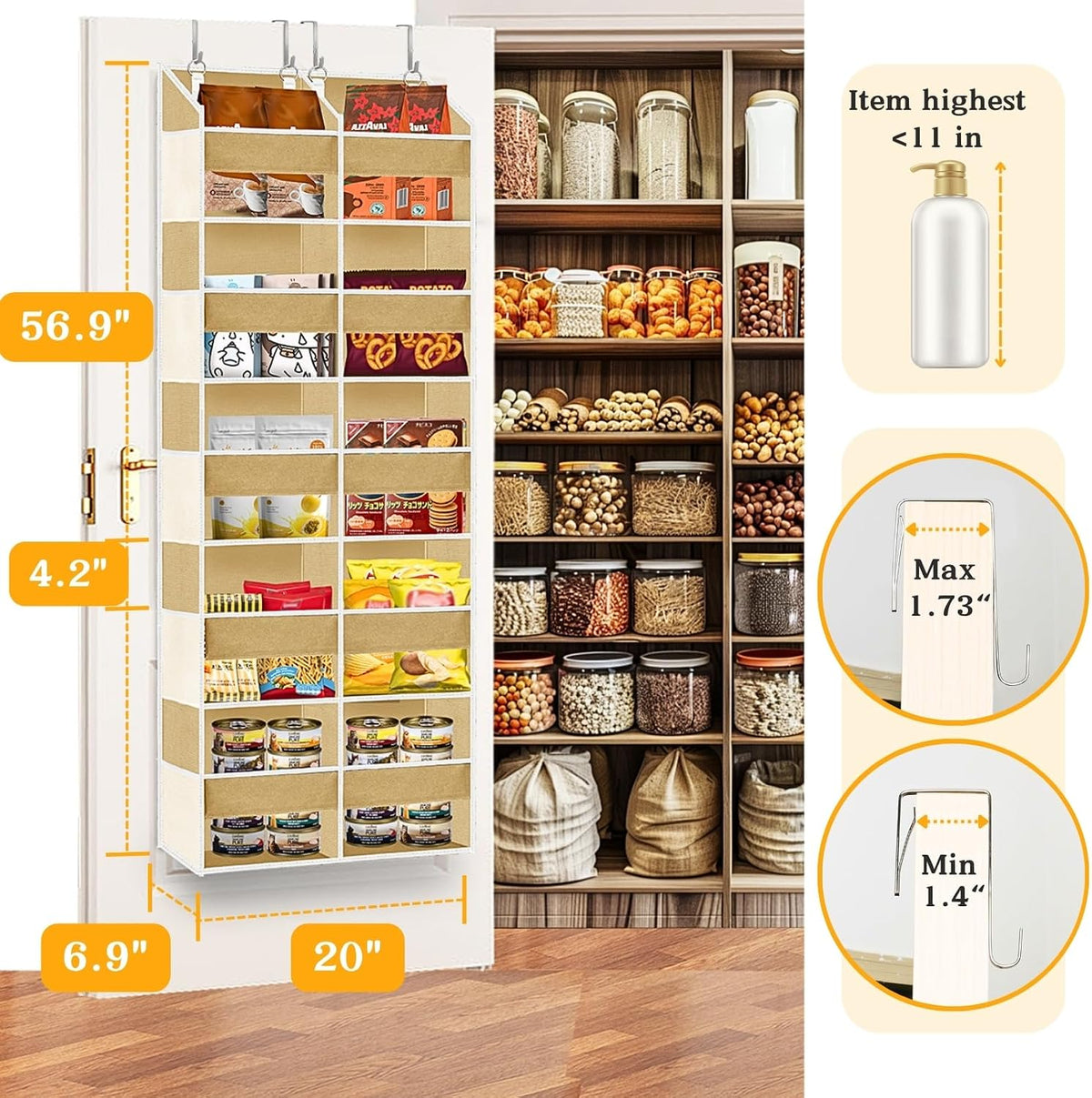 Over the Door Organizer, 5-Tier Extra Large Storage with 10 Pockets and PVC Label Pouches, 80 lbs Capacity Hanging Closet Organizer, Beige