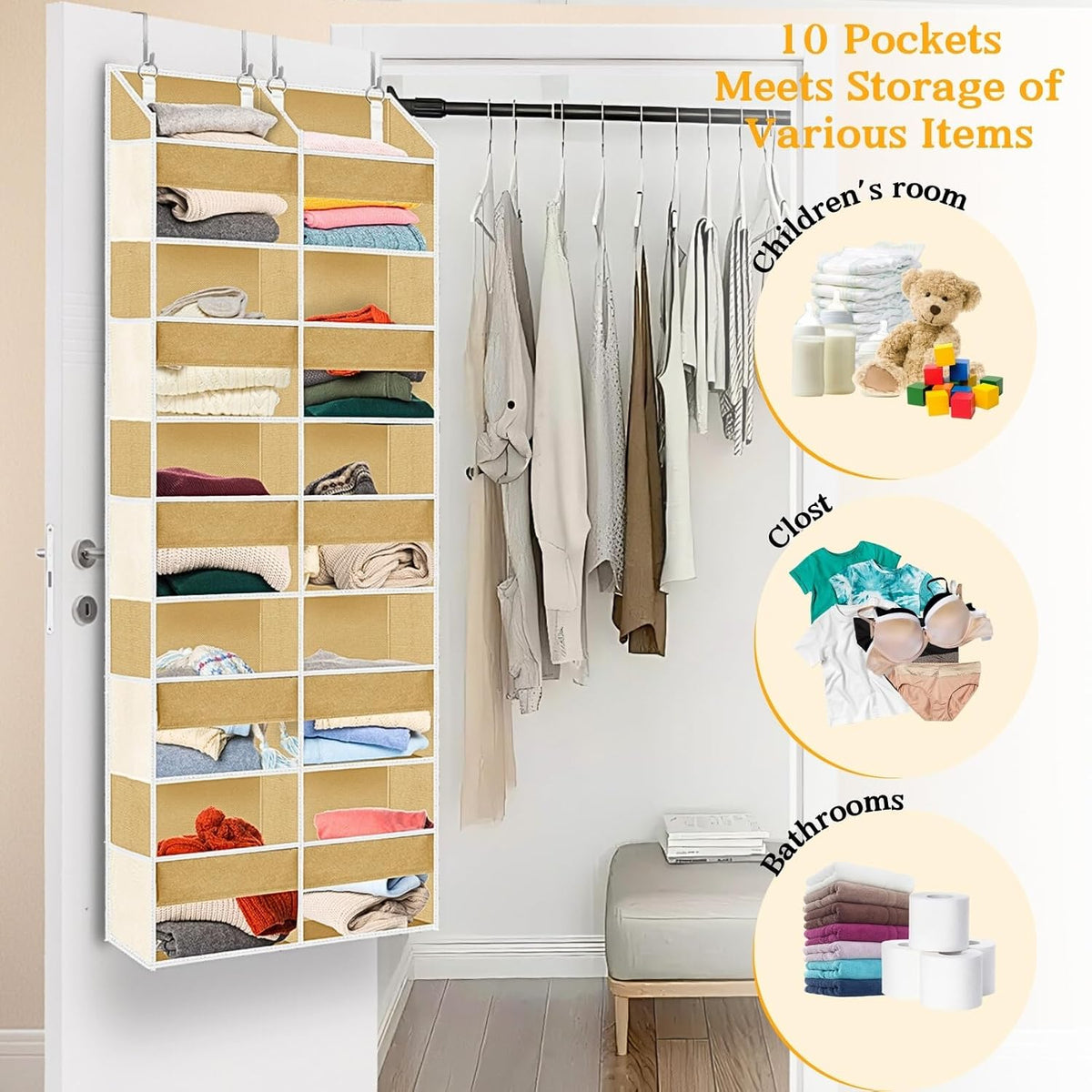 Over the Door Organizer, 5-Tier Extra Large Storage with 10 Pockets and PVC Label Pouches, 80 lbs Capacity Hanging Closet Organizer, Beige