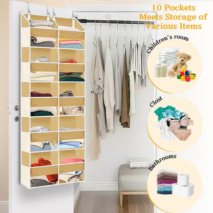 Over the Door Organizer, 5-Tier Extra Large Storage with 10 Pockets and PVC Label Pouches, 80 lbs Capacity Hanging Closet Organizer, Beige