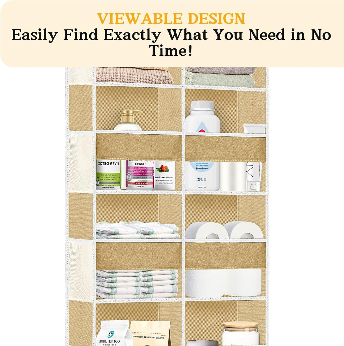 Over the Door Organizer, 5-Tier Extra Large Storage with 10 Pockets and PVC Label Pouches, 80 lbs Capacity Hanging Closet Organizer, Beige