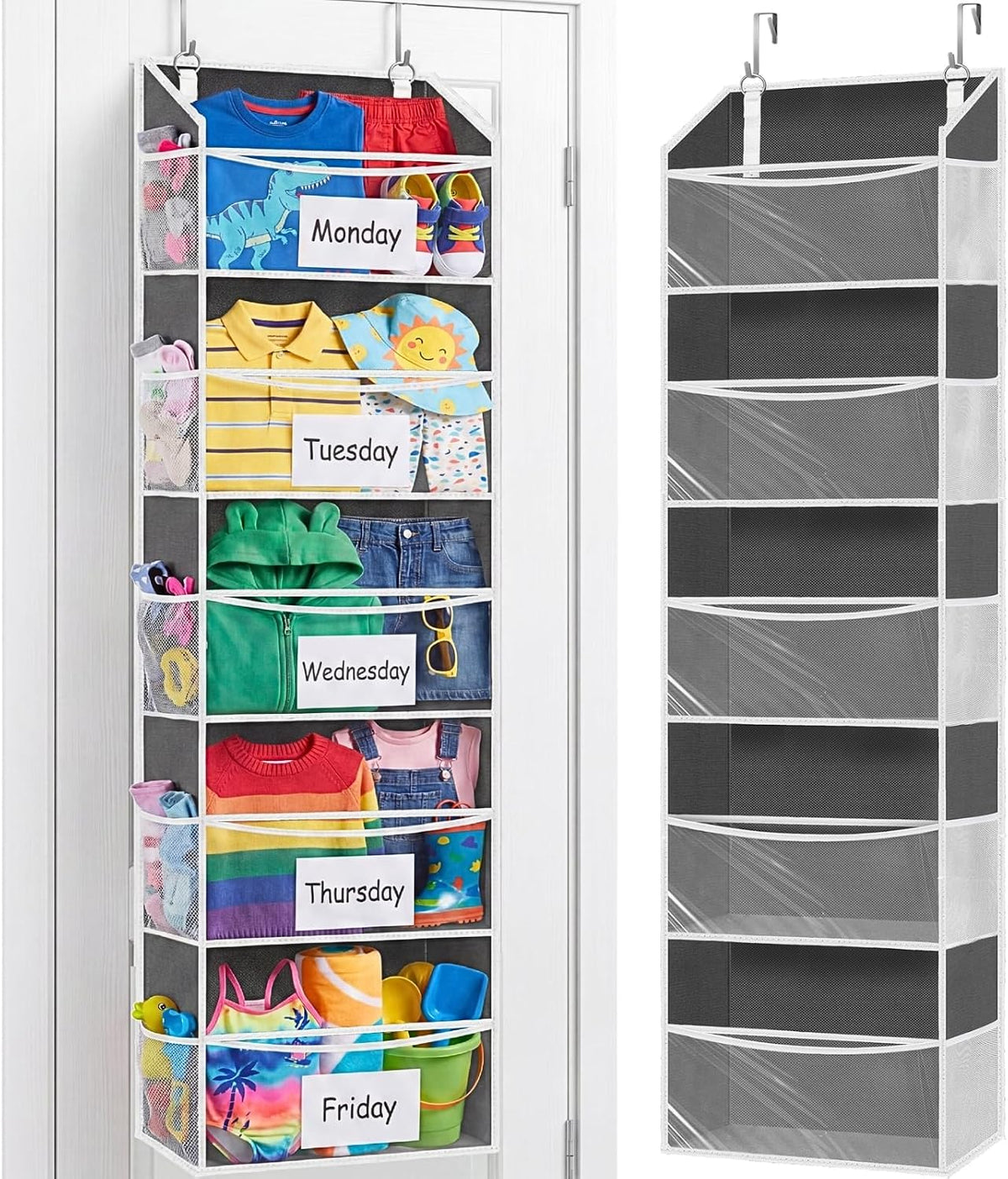 Over the Door Organizer, 5-Tier Extra Large Storage with 10 Pockets and PVC Label Pouches, 80 lbs Capacity Hanging Closet Organizer, Beige