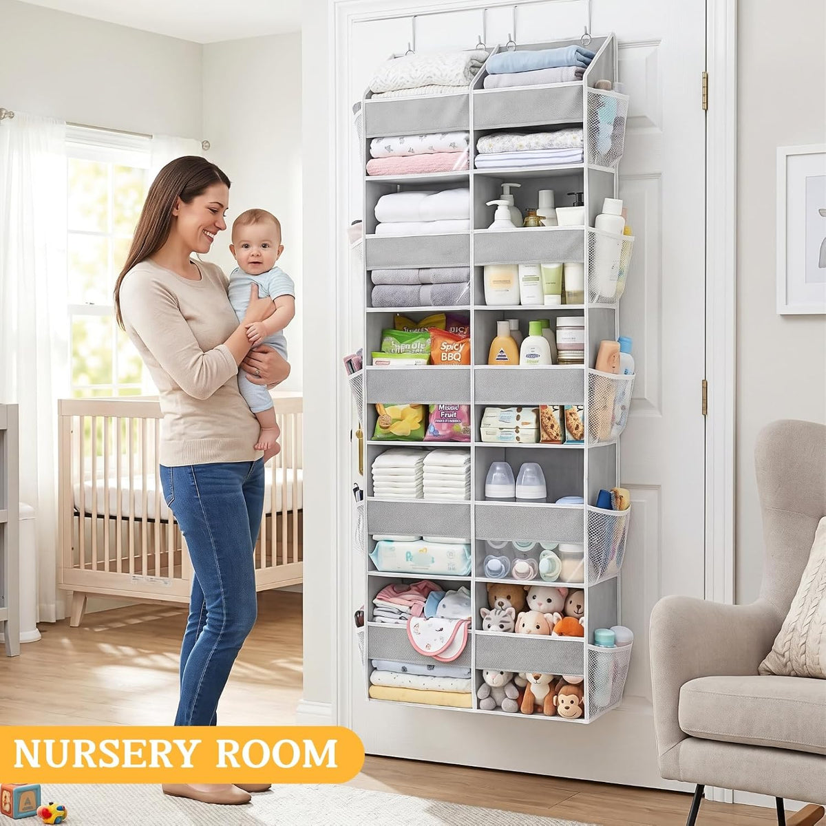 Over the Door Organizer, 5-Tier Extra Large Storage with 10 Pockets and PVC Label Pouches, 80 lbs Capacity Hanging Closet Organizer, Beige
