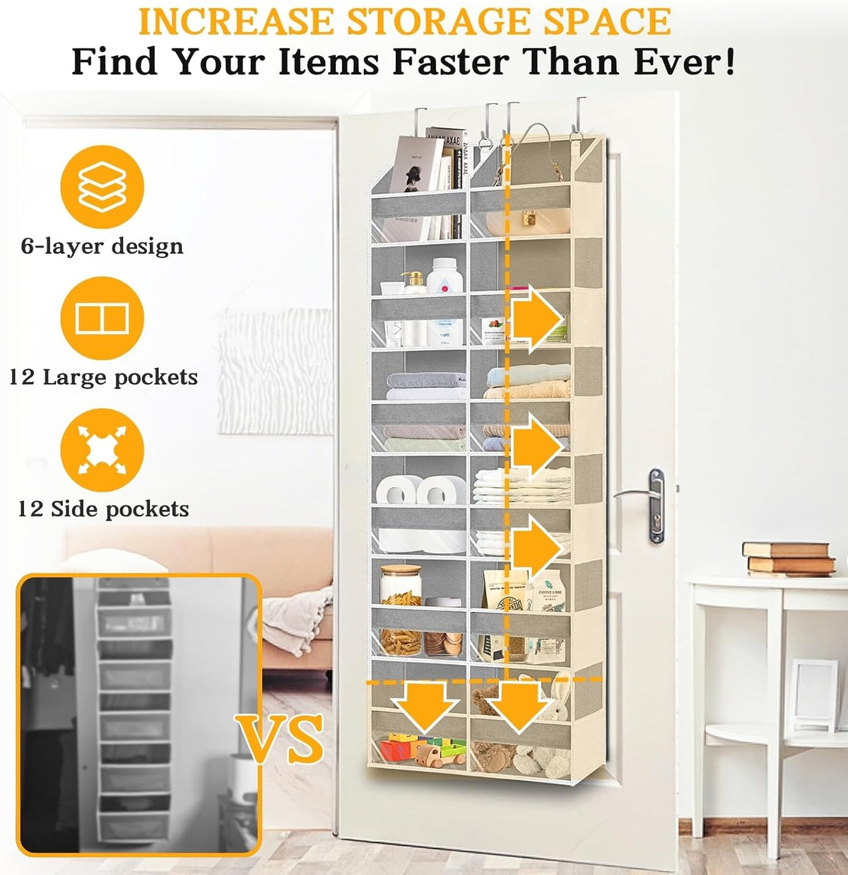 Over the Door Organizer, 5-Tier Extra Large Storage with 10 Pockets and PVC Label Pouches, 80 lbs Capacity Hanging Closet Organizer, Beige