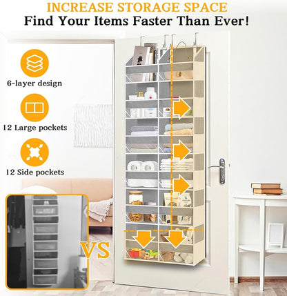 Over the Door Organizer, 5-Tier Extra Large Storage with 10 Pockets and PVC Label Pouches, 80 lbs Capacity Hanging Closet Organizer, Beige